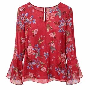 Cabi Womens Red Floral Sheer Lined Bell Sleeve Blouse Romantic Boho Sz S